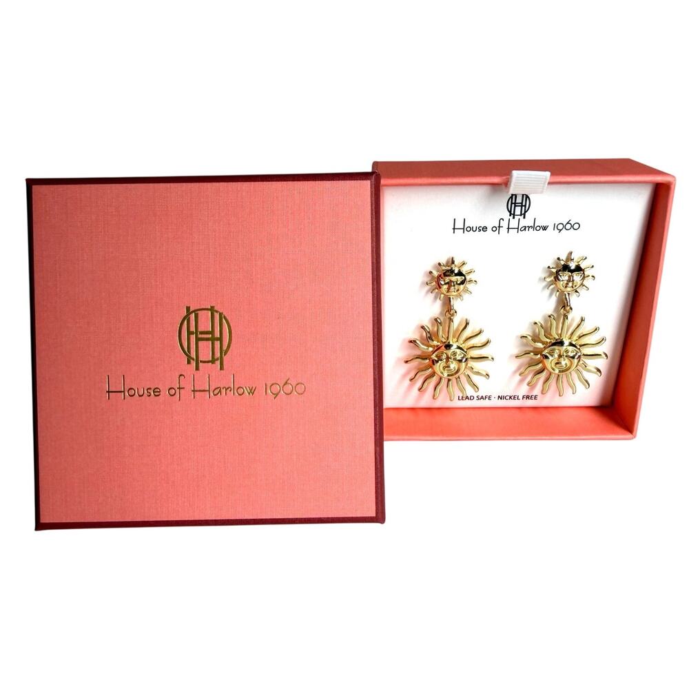 House of Harlow 1960 Gold Celestial Sun face dangle Earrings (NIB) sunburst boho